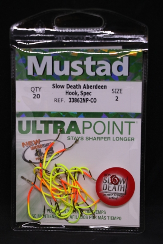Mustad 33862NP-CO Ultra Point Chartreuse Orange Slow Death Hooks Size 2  Jagged Tooth Tackle