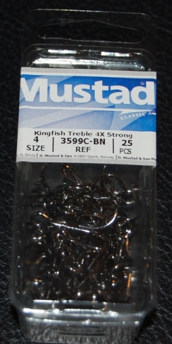 Mustad 3599C-BN Kingfish 4X Strong Treble Hooks Size 4 Jagged
