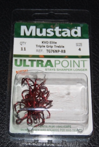Mustad TG76NP-RB KVD Red Elite Triple Grip Treble Hooks Size 4