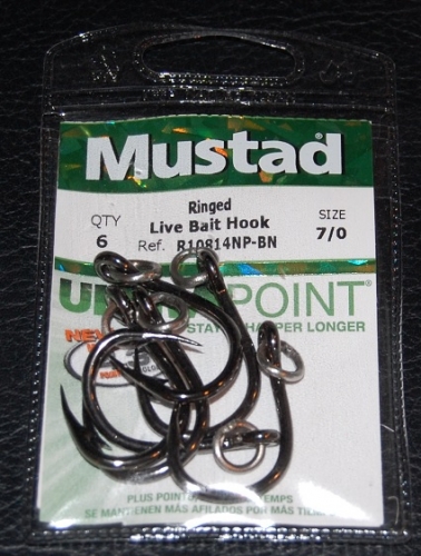 Mustad R10814NP-BN Ringed Hoodlum 5X Strong Live Bait Hooks Size 7/0