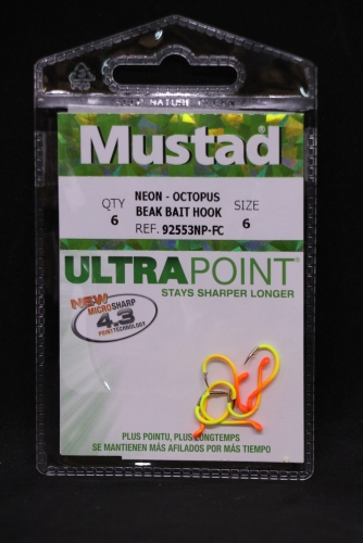 Mustad 92553NP-FC Flame Chartreuse Octopus Beak Bait Hooks Size 6 Jagged  Tooth Tackle