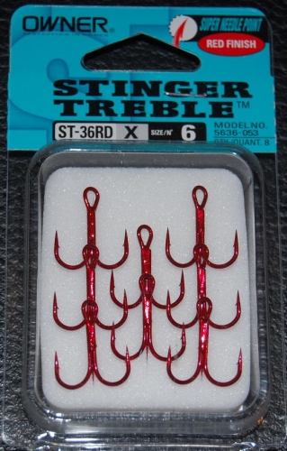 Owner Stinger 36 Treble Hooks Red Size 6 Jagged Tooth Tackle