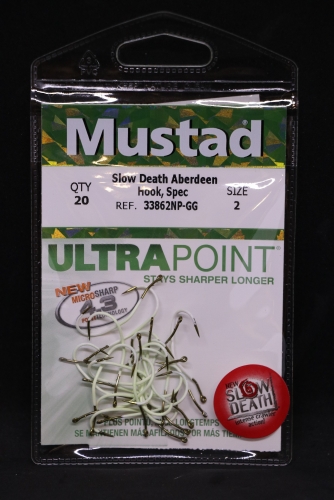 Mustad 33862NP-GG Ultra Point Green Glow Slow Death Hooks Size 2 Jagged  Tooth Tackle