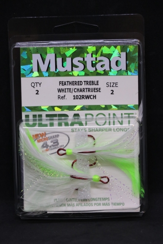 Mustad 102NP-RWCH White Chart Dressed Treble Hooks Size 2 Jagged Tooth  Tackle