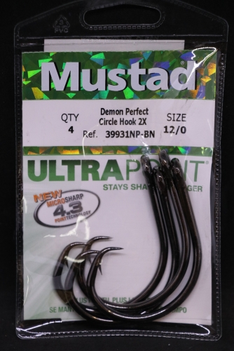 Mustad 39931NP-BN 2X Strong Inline Demon Circle Hooks Size 12/0 Jagged  Tooth Tackle