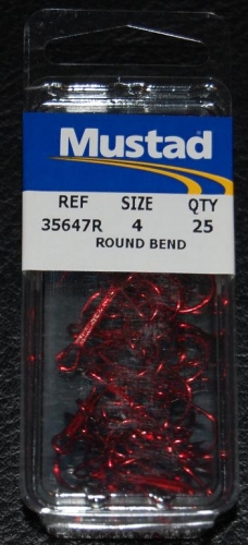 Mustad 35647-RB Red Round Bend Treble Hooks Size 4
