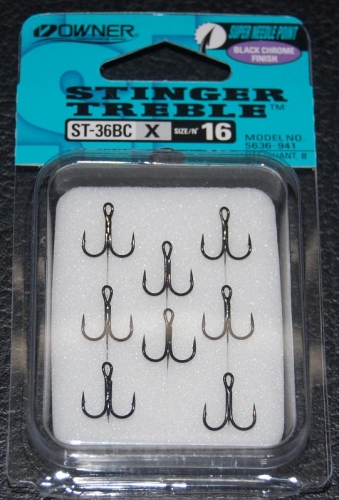 Owner Stinger 36 Treble Hooks Black Chrome Size 16 Jagged