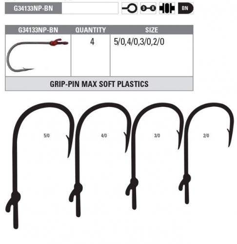 Mustad G34133NP-BN GRIP-PIN MAX SOFT PLASTICS Hooks Size 3/0