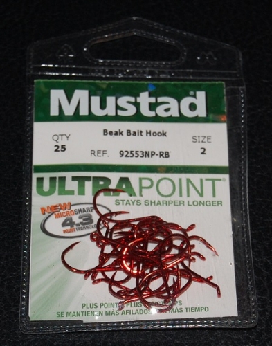 Mustad 92553NP-RB Red Octopus Beak Bait Hooks Size 2 Jagged